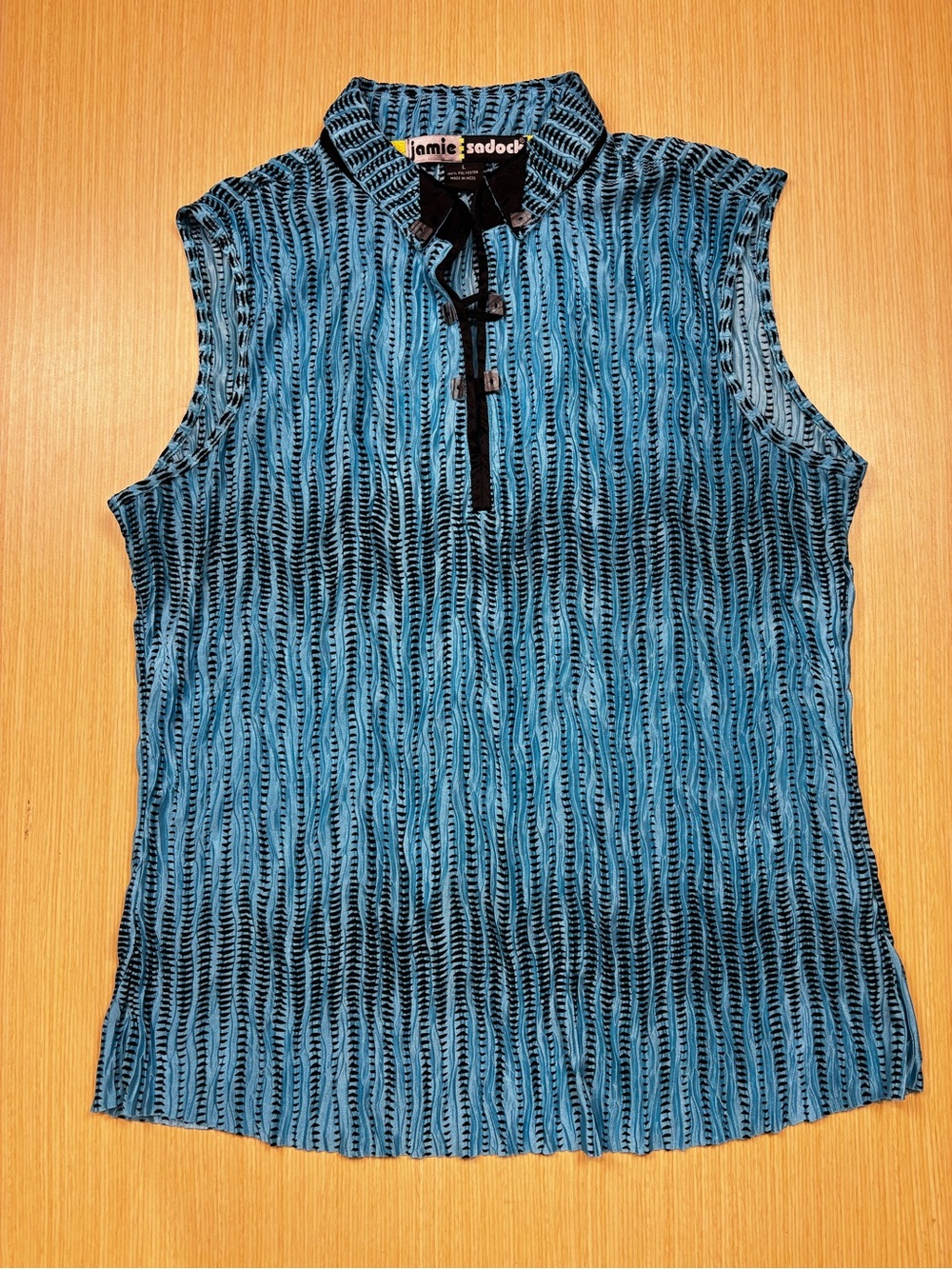 Jamie Sadock Sleeveless Golf Top Blue Black Crinkle Textured Mock Neck Sz L